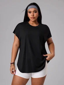 Rhythm Era Plus Size Casual Black Mesh Patchwork Reflective Polka Dot Print Sports T-Shirt - Black - View 2