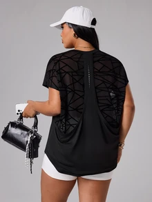 Rhythm Era Plus Size Casual Black Mesh Patchwork Reflective Polka Dot Print Sports T-Shirt - Black - View 5