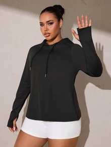 Rhythm Era بلوزة رياضية كاجوال بأكمام طويلة وغطاء رأس للنساء بمقاسات كبيرة للخريف - الأسود - مشاهدة 6