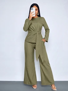 SOLERSUN Women's Solid Color Round Neck Long Sleeve Waist Tie Shirt And Long Pants Elegant Set - Olive Green - View 7