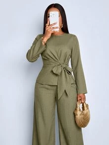 SOLERSUN Women's Solid Color Round Neck Long Sleeve Waist Tie Shirt And Long Pants Elegant Set - Olive Green - View 6