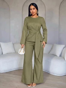 SOLERSUN Women's Solid Color Round Neck Long Sleeve Waist Tie Shirt And Long Pants Elegant Set - Olive Green - View 5