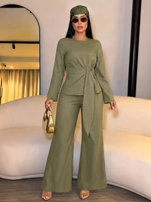 SOLERSUN Women's Solid Color Round Neck Long Sleeve Waist Tie Shirt And Long Pants Elegant Set - Olive Green - View 2