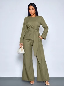 SOLERSUN Women's Solid Color Round Neck Long Sleeve Waist Tie Shirt And Long Pants Elegant Set - Olive Green - View 4
