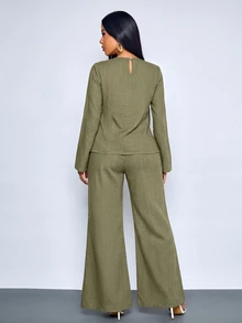 SOLERSUN Women's Solid Color Round Neck Long Sleeve Waist Tie Shirt And Long Pants Elegant Set - Olive Green - View 3