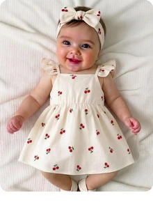 SHEIN Newborn Baby Girl Casual Vacation Cute Cherry Flutter Sleeve Dress - Beige - View 1