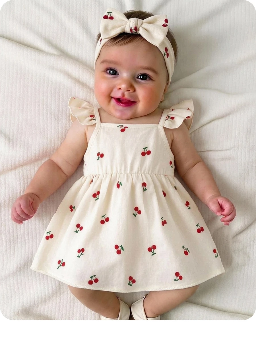 SHEIN Newborn Baby Girl Casual Vacation Cute Cherry Flutter Sleeve Dress - Beige - View 1