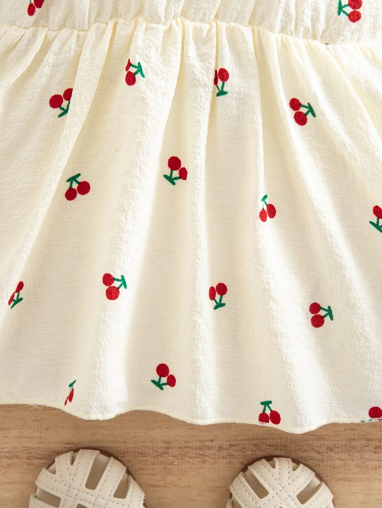 SHEIN Newborn Baby Girl Casual Vacation Cute Cherry Flutter Sleeve Dress - Beige - View 6