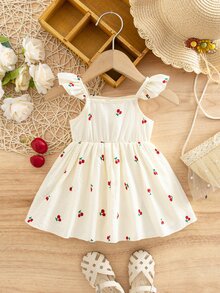 SHEIN Newborn Baby Girl Casual Vacation Cute Cherry Flutter Sleeve Dress - Beige - View 2