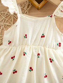 SHEIN Newborn Baby Girl Casual Vacation Cute Cherry Flutter Sleeve Dress - Beige - View 5