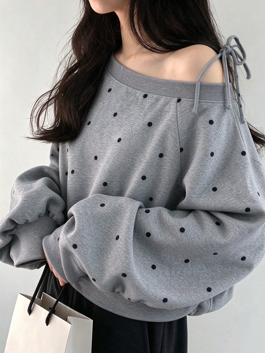 FRIFUL Women's Polka Dot Asymmetrical Shoulder Casual Everyday Long Sleeve Sweatshirt - Grey - View 1