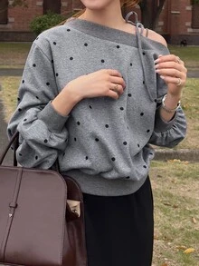 FRIFUL Women's Polka Dot Asymmetrical Shoulder Casual Everyday Long Sleeve Sweatshirt - Grey - View 2