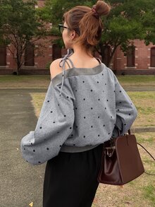 FRIFUL Women's Polka Dot Asymmetrical Shoulder Casual Everyday Long Sleeve Sweatshirt - Grey - View 3