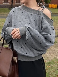 FRIFUL Women's Polka Dot Asymmetrical Shoulder Casual Everyday Long Sleeve Sweatshirt - Grey - View 4