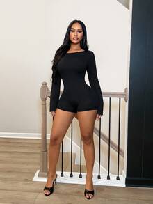 BamGleam Autumn New Vintage Street Style Women's Black Ribbed Flare Sleeve Jumpsuit, Sexy Open Back Drawstring Tight Fit Romper Club Halloween Night Out - Black - View 5