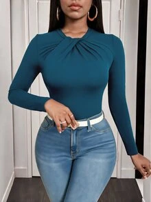 Zolique Slayr 女款休閒優雅蝴蝶結領修身合身荷葉邊下擺純色長袖T恤，秋季辦公室穿搭，鴨綠色 - 霧霾藍 - 查看 3