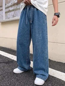 Teen Boy Drawstring Waist Wide Leg Loose Casual Versatile Denim Jeans - Dark Wash - View 1