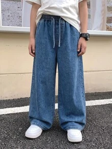 Teen Boy Drawstring Waist Wide Leg Loose Casual Versatile Denim Jeans - Dark Wash - View 3