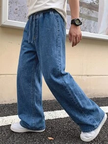 Teen Boy Drawstring Waist Wide Leg Loose Casual Versatile Denim Jeans - Dark Wash - View 5