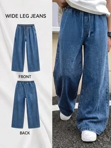 Teen Boy Drawstring Waist Wide Leg Loose Casual Versatile Denim Jeans - Dark Wash - View 4
