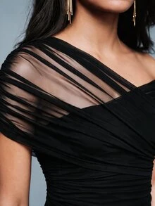 Savoree Spring/Summer New Elegant Fashion Casual Sexy Date Party Outing Vacation Wedding Holiday Elastic Mesh Ruched Off-Shoulder Women's Bodysuit - Black - View 2