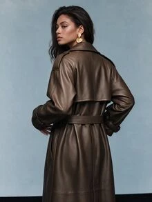 Savoree 女式纯色长袖翻领时尚宽松优雅PU皮革长款风衣外套，秋季 - 棕色 - 查看 3