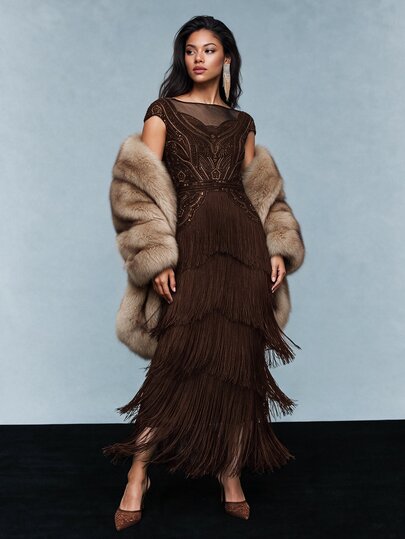 Savoree Vestido de fiesta de estilo bohemio de alta gama con parches, flecos y cuentas para mujer