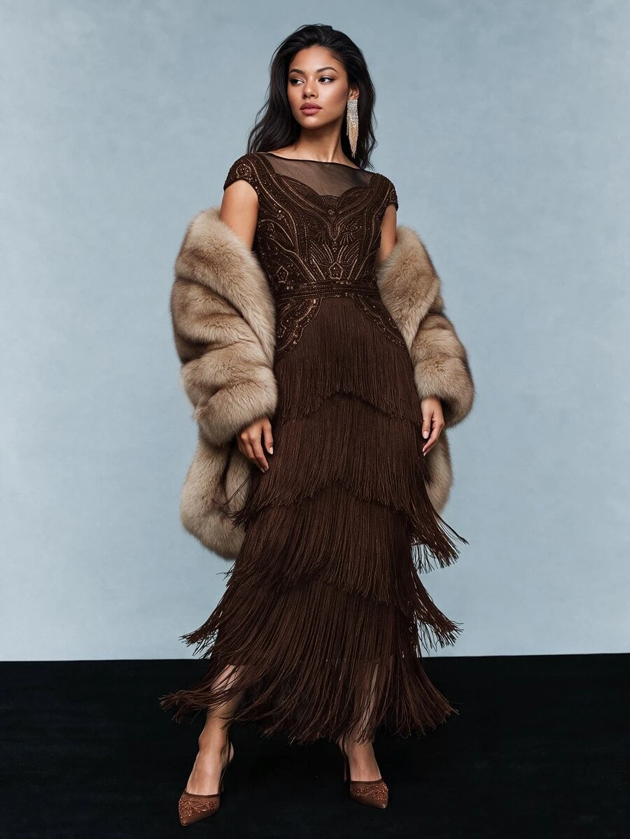 Savoree Women's Popular Bohemian Style High-End Banquet Patchwork Tassel Beaded Dress - Coffee - View 1