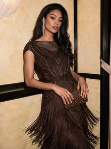Savoree Women's Popular Bohemian Style High-End Banquet Patchwork Tassel Beaded Dress - Coffee - View 2
