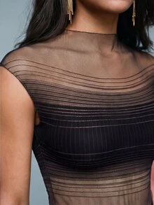 Savoree Ombre Semi-Sheer Elastic Fitted Short Sleeve T-Shirt Top - Black - View 2