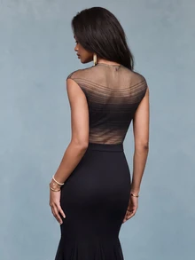 Savoree Ombre Semi-Sheer Elastic Fitted Short Sleeve T-Shirt Top - Black - View 3