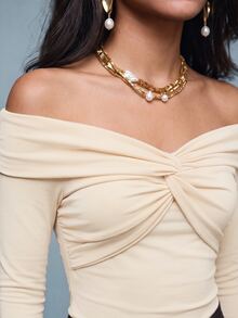 Savoree Premium Sexy Open Shoulder Knotted Bodysuit - Beige - View 7