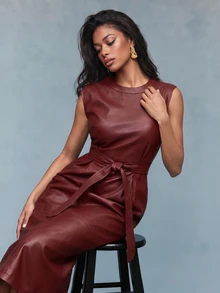 Savoree Solid Crew Neck Sleeveless Casual Belted PU Dress Burgundy Maxi Metallic Women Outfit - Burgundy - View 1