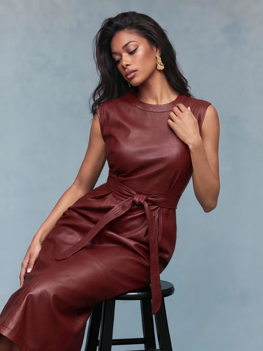 Savoree Solid Crew Neck Sleeveless Casual Belted PU Dress Burgundy Maxi Metallic Women Outfit - Burgundy - View 1