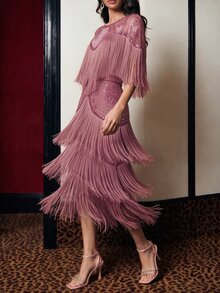 Savoree 女款優雅派對裙，流蘇珠飾上衣與裙子兩件套 - 藕粉色 - 查看 5