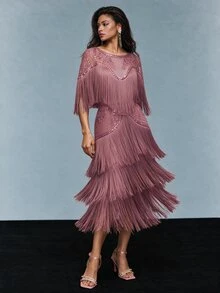 Savoree 女款優雅派對裙，流蘇珠飾上衣與裙子兩件套 - 藕粉色 - 查看 4
