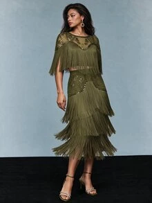 Savoree Women's Fashion New Arrival Hot-Selling Beaded Patchwork Tassel Elegant Party Evening Suit - Olive Green - View 1