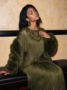 Savoree Women's Fashion New Arrival Hot-Selling Beaded Patchwork Tassel Elegant Party Evening Suit - Olive Green - View 5
