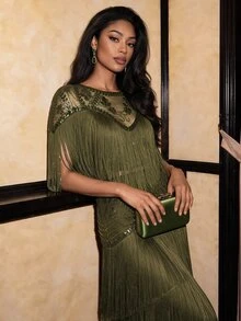 Savoree Women's Fashion New Arrival Hot-Selling Beaded Patchwork Tassel Elegant Party Evening Suit - Olive Green - View 4