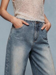 Savoree High Stretch Rhinestone Decorated Straight Cut Frayed Hem Fashion Jeans - Blue - View 2