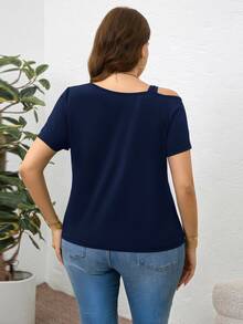 Reflora Plus Size Women Elegant Round Neck Hollowed-Out Twist Front T-Shirt,Business Casual Woman - Navy Blue - View 2