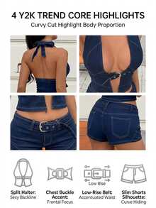 StreetHx Women's Halter Tie-Up Eyelet Buckle Design Top And Shorts Sexy Casual Denim Set - Blue - View 9