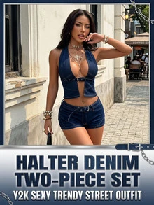StreetHx Women's Halter Tie-Up Eyelet Buckle Design Top And Shorts Sexy Casual Denim Set - Blue - View 8