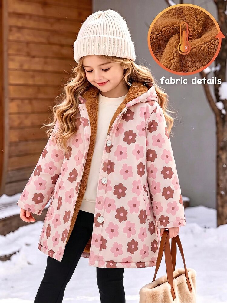 SHEIN Mantel Lengan Panjang Berkerudung Motif Bunga Merah Muda untuk Anak Perempuan dengan Lapisan Sherpa yang Nyaman, Pakaian Musim Dingin untuk Anak Perempuan - MultiWarna - View 1