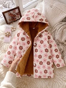 SHEIN 女童粉色花卉圖案長袖連帽外套，舒適羊羔絨內裡，冬季女童衣物 - 彩色 - 查看 6