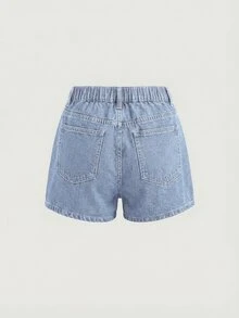 SHEIN Girlism 少女字母和心形刺绣浅蓝色牛仔迷你裙 - 藍色 - 查看 3