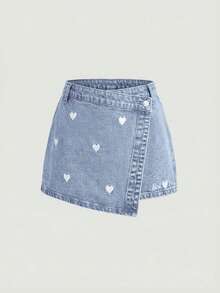 SHEIN Girlism 少女字母和心形刺绣浅蓝色牛仔迷你裙 - 藍色 - 查看 1