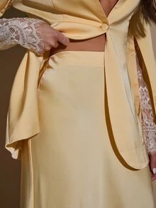 SHEIN BAE Women's Lace Patchwork Long Sleeve Jacket And Skirt Suit Set - Light Yellow - View 9