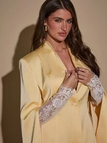 SHEIN BAE Women's Lace Patchwork Long Sleeve Jacket And Skirt Suit Set - Light Yellow - View 8