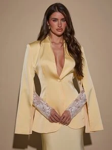 SHEIN BAE Women's Lace Patchwork Long Sleeve Jacket And Skirt Suit Set - Light Yellow - View 6